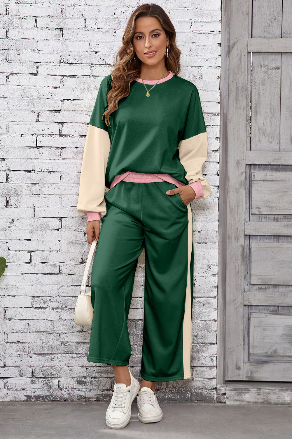 Rose Red 2pcs Color Block Pullover Loose Pant Set