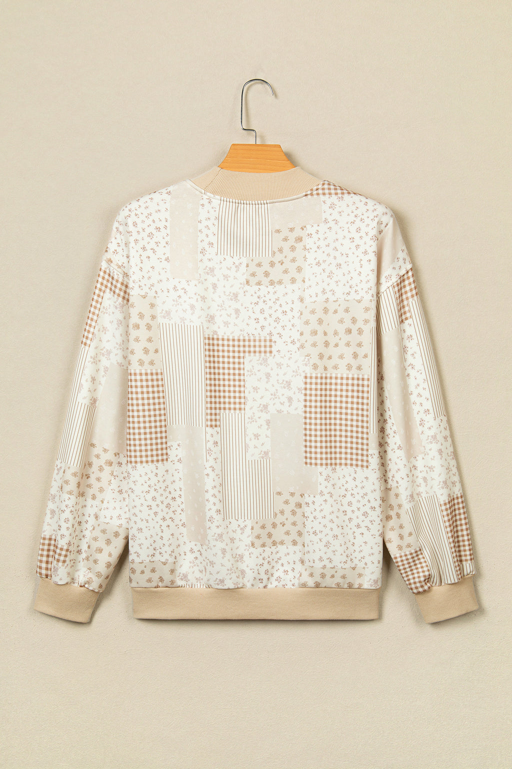 Khaki Patchwork Floral Print Mock Neck Long Sleeve Sweatshirt