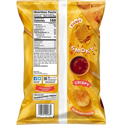 Lays Potato Chips, Honey Barbecue Flavored Snacks, 7.75Oz Bag