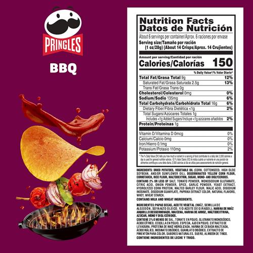 Pringles Potato Crisps Chips, Lunch Snacks, On-The-Go Snacks, Bbq, 5.5Oz Can (1 Can)