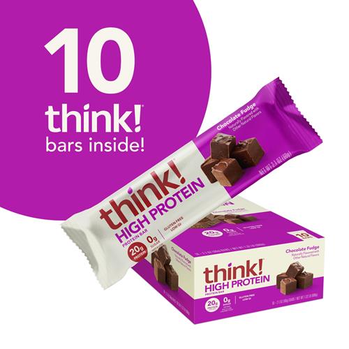 Think! Protein Bars, High Protein Snacks, Gluten Free, Kosher Friendly, Chocolate Fudge, Nutrition Bars, 2.1 Oz Per Bar, 10 Count (Packaging May Vary)