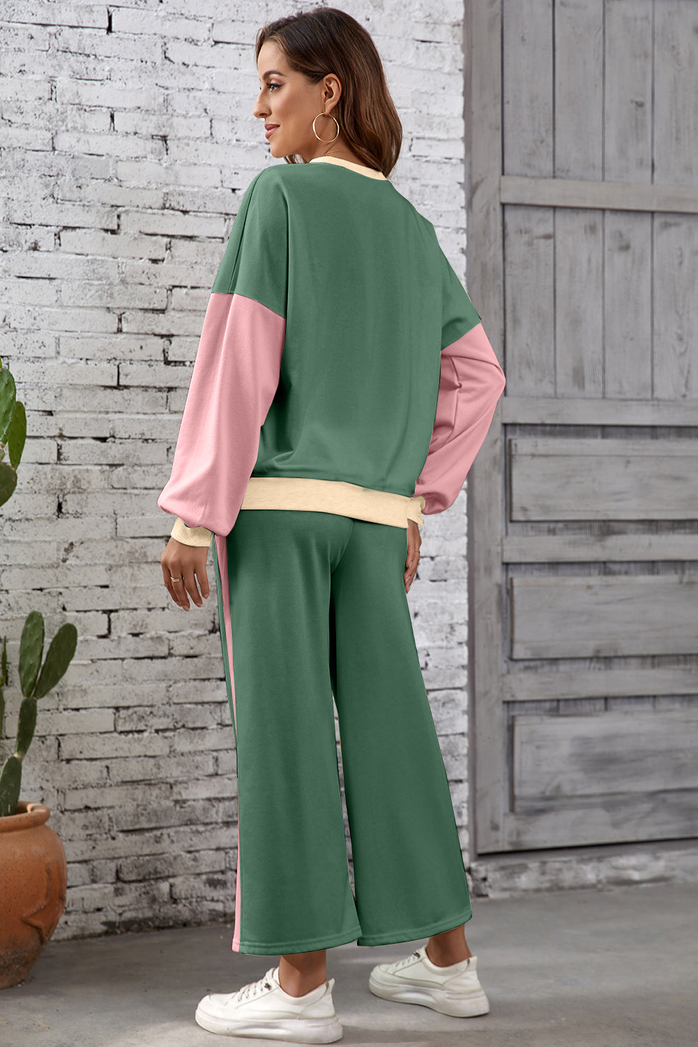Rose Red 2pcs Color Block Pullover Loose Pant Set