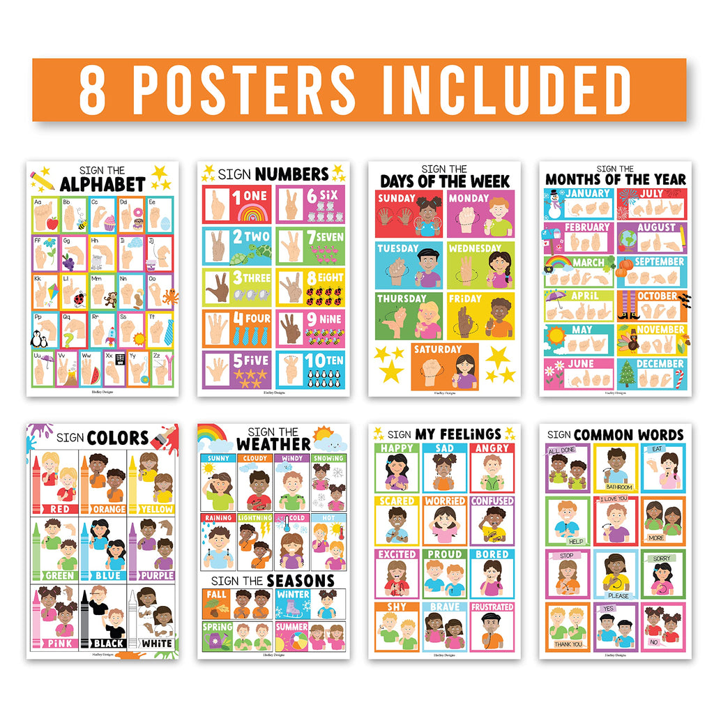 ASL Sign Language Kit: Colorful 8 Poster Set