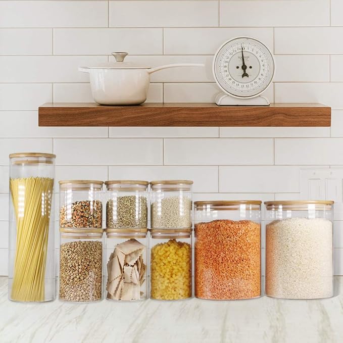 Glass Jars with Bamboo Lids (27oz in 6 Pack), Glass Food Jars and Canisters Sets, Food Storage Container with Airtight Lids, Food Pantry Jars,