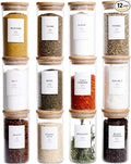12 Pcs Glass Spice Jars With Bamboo Airtight Lids, 10oz Thicken(2.4mm) Spice Containers With 148 Minimalist Preprinted Waterproof Spice Labels, Kitchen Empty Small Storage Jars For Seasoning, Herb