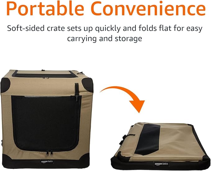 Amazon Basics Dog Crate, Travel Dog Kennel Double Door Collapsible, Lightweight Soft-Sided Folding, Portable Dog Cage, XL 42" x 31" x 31", Tan