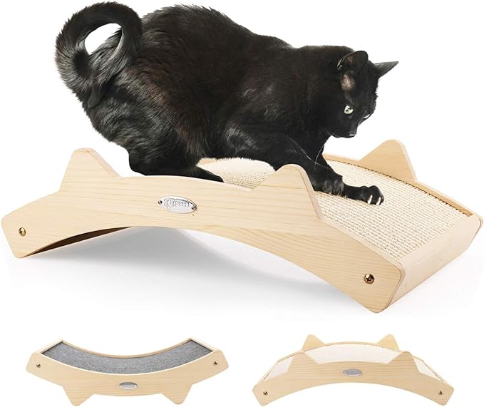 Double-Sided Cat Scratcher With Natural Sisal + Carpet Cloth, Durable Solid Wooden Structure Scratch Pad for Indoor Cats, Scratcher Lounge, 16.5 x 10.8in