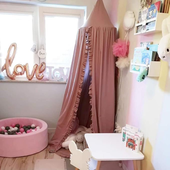 Bed Canopy with Frills Reading Nook Game Tent for Kids Boho Hanging Net Play Room Decor(Dusty Rose)