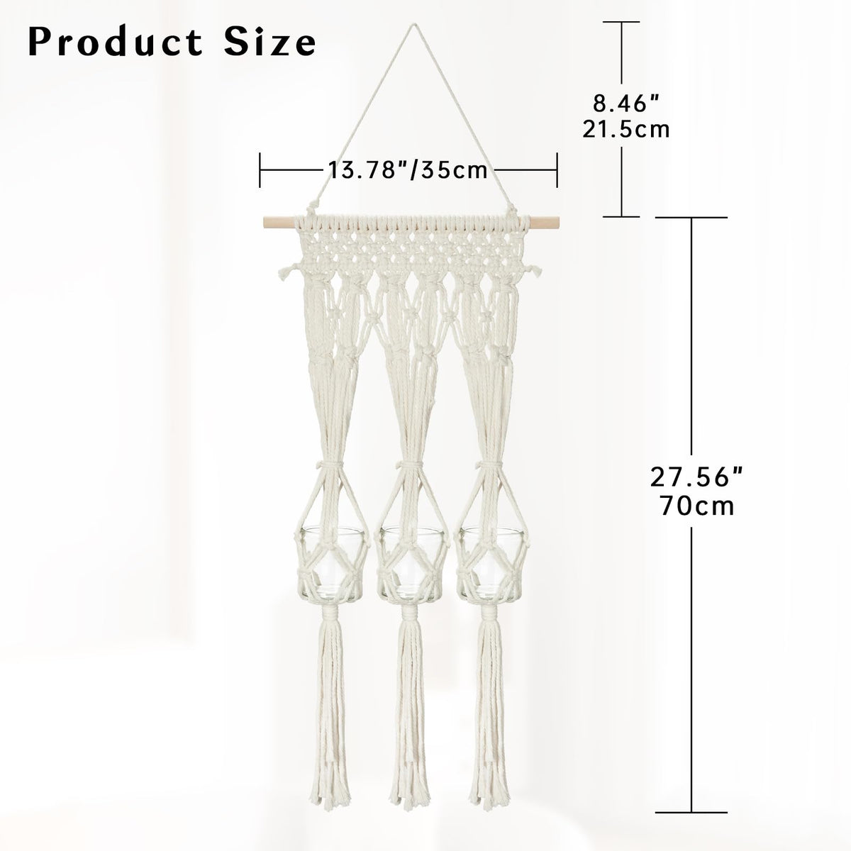 Briful Macrame Wall Hanging Shelf Cream-White with 3 Glass Vases Boho Decor