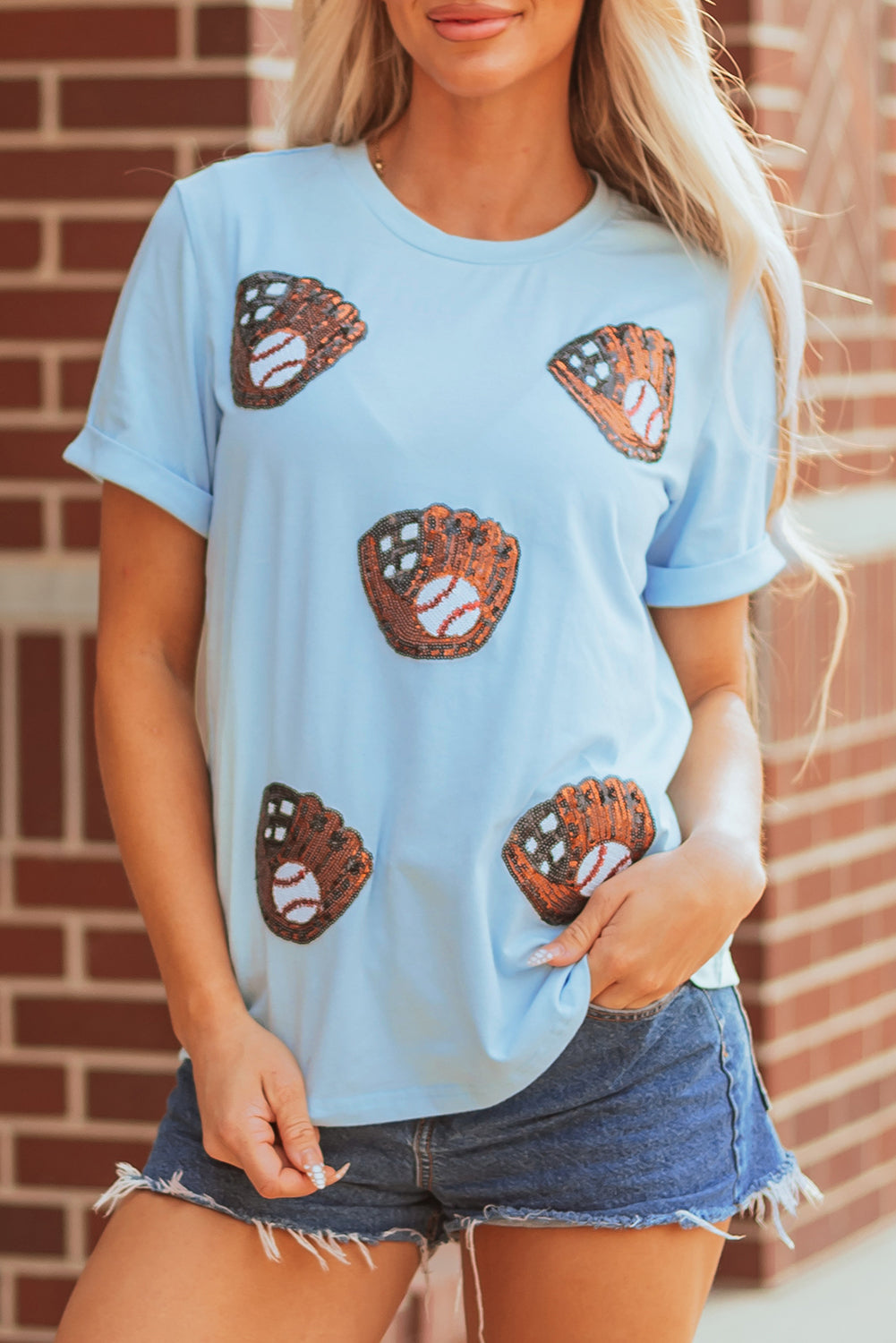 Light Blue Gopher Ball Sequin Patched Casual T Shirt