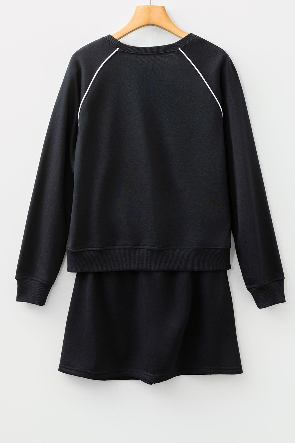 Black Contrast Piping Crewneck Pullover Mini Skirt Set