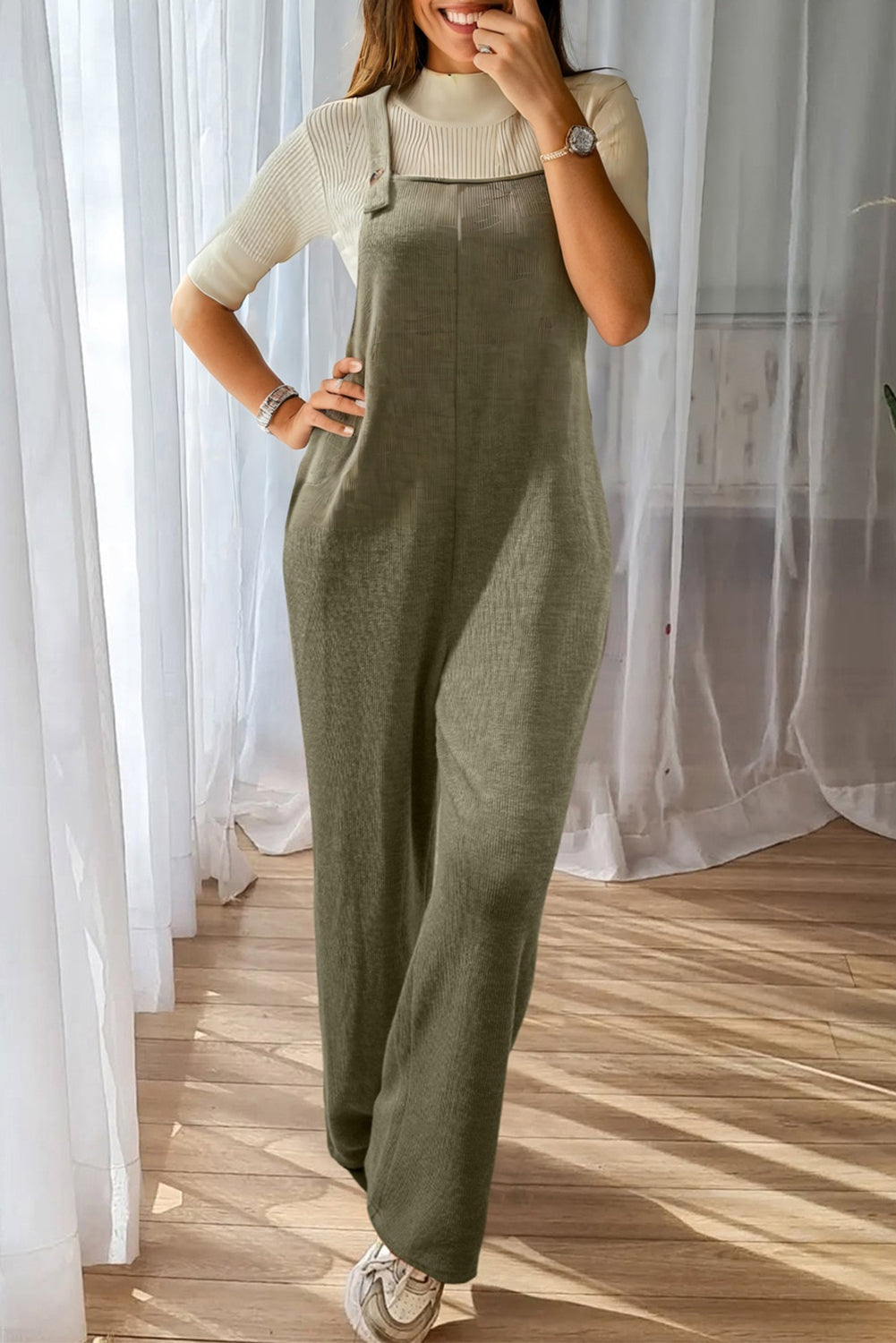 Laurel Green Solid Color Knit Loose Straight Leg Casual Overall Jumpsuit