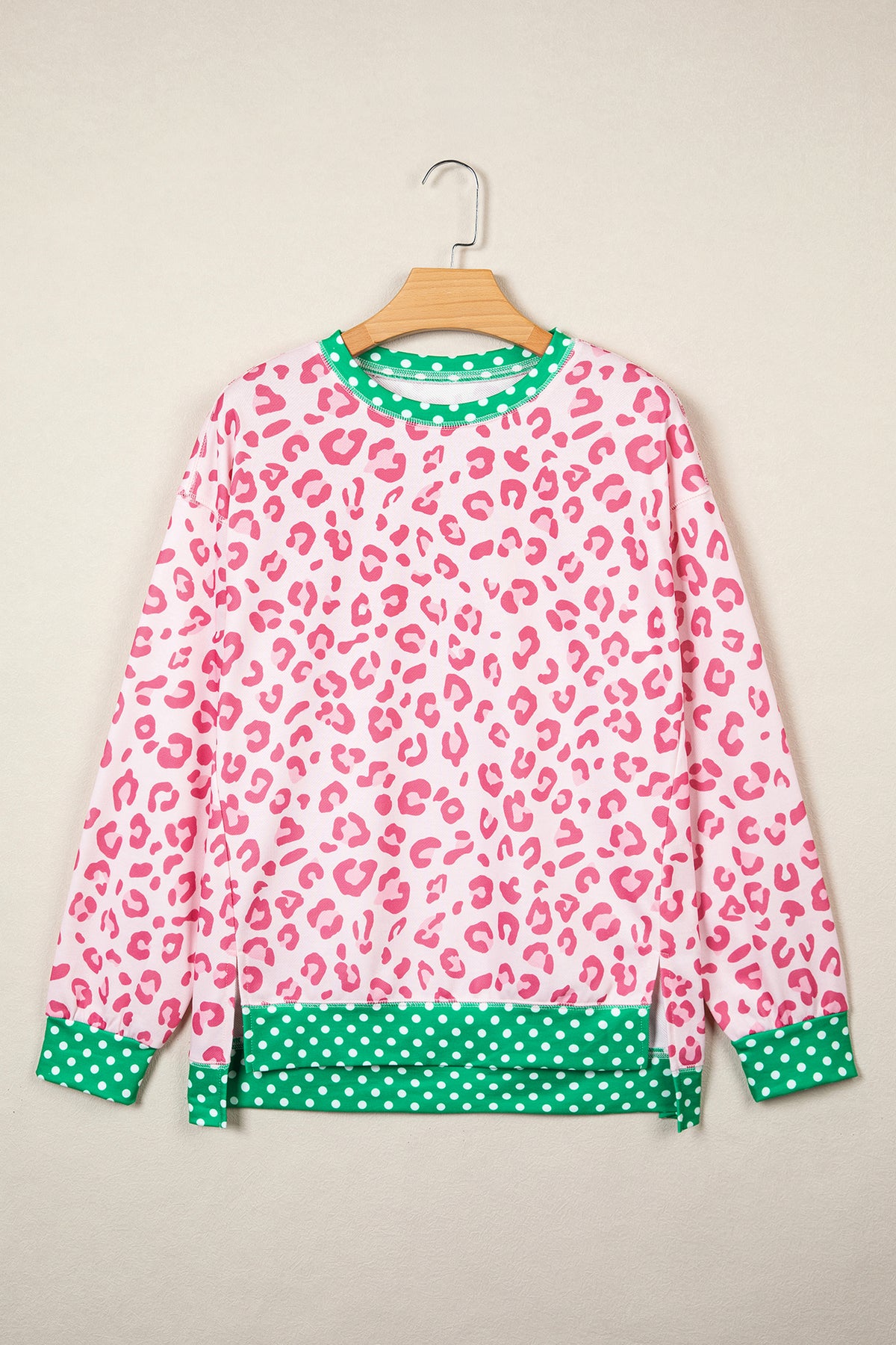 Pink Leopard Polka Dot Colorblock Trim Long Sleeve Top