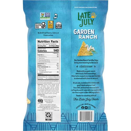 Late July Snacks, Garden Ranch Tortilla Chips, 7.8-Oz. Bag