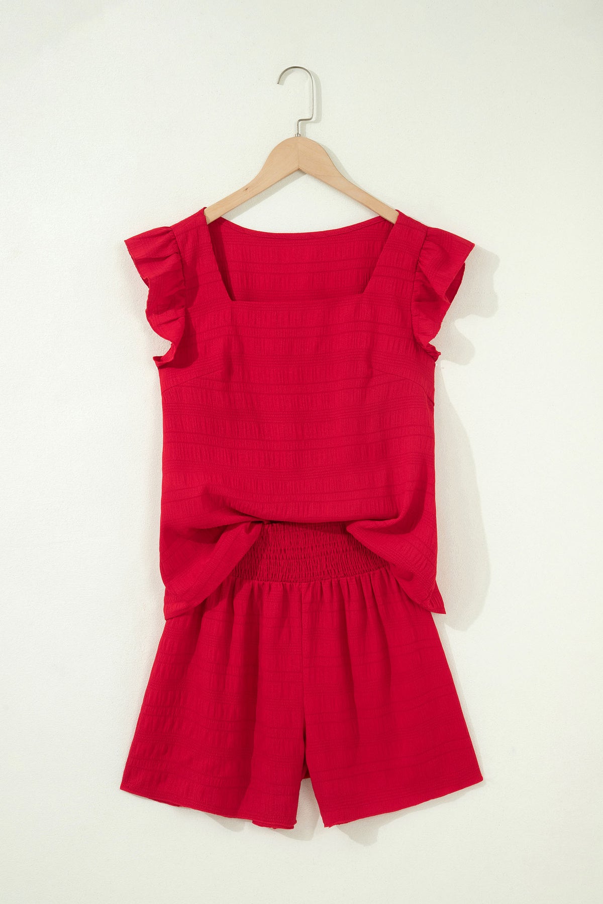 Peach Blossom Textured Square Neck Top and Shirred High Waist Shorts Set