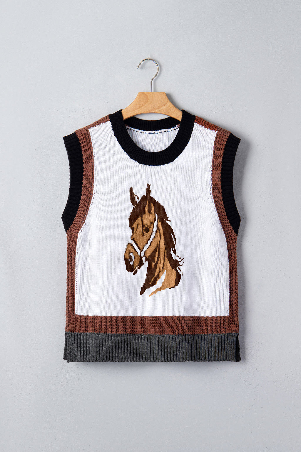 White Western Horse Head Colorblock Trim Sweater Vest