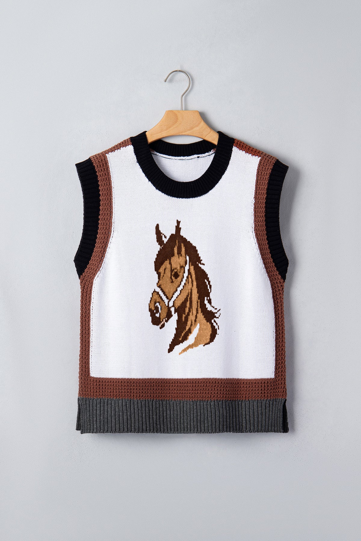 White Western Horse Head Colorblock Trim Sweater Vest