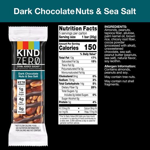 Kind Zero Added Sugar Bars, Dark Chocolate Nuts And Sea Salt, Keto Friendly Snacks, Gluten Free, 5G Protein, 5 Count
