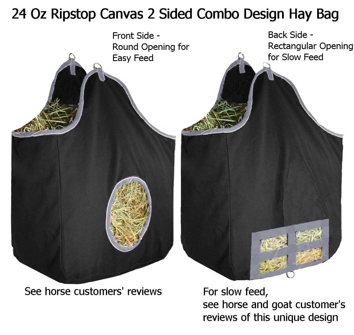 Derby Originals Large 24 OZ Canvas Horse Hay Bag  2 Sided Combo Design X Wide Gusset and 6 Month Warranty
