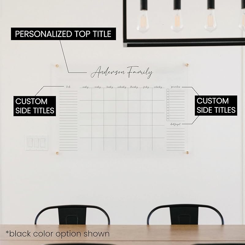 Personalized Clear Acrylic Calendar for Wall, Calendar Whiteboard for Wall, Dry Erase Wall Calendar, Wall Calendar Organizer System for Home (Cursive, White, 23"W x18.5"H)