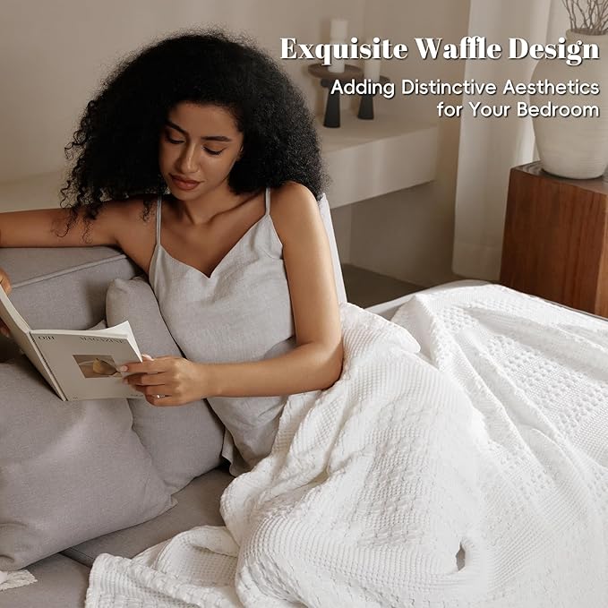 PHF 100% Cotton Waffle Weave Blanket King Size, Soft Lightweight Breathable Cozy Summer Blankets for Bed, Luxury Aesthetic Woven Bedding for Home Decor, 108"x90", White