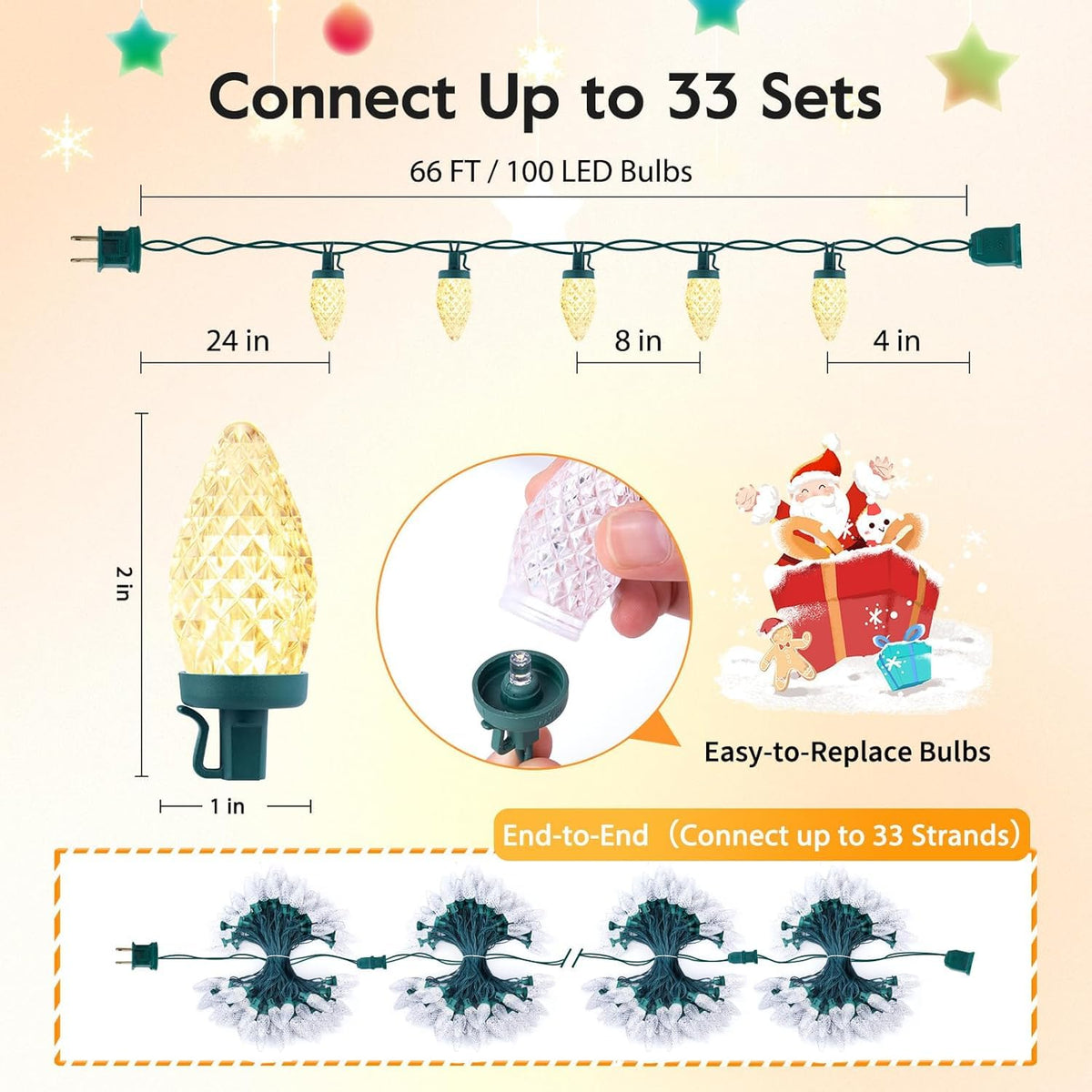 Brightown C9 LED Christmas String Lights 66ft 100 LED Warm White
