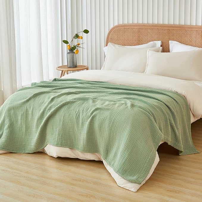 EMME Cotton Blanket Queen Size for Bed Soft Large Muslin Bed Blankets 90"x90" Lightweight Breathable Blanket Bedspread All Season Gauze, Sage Green