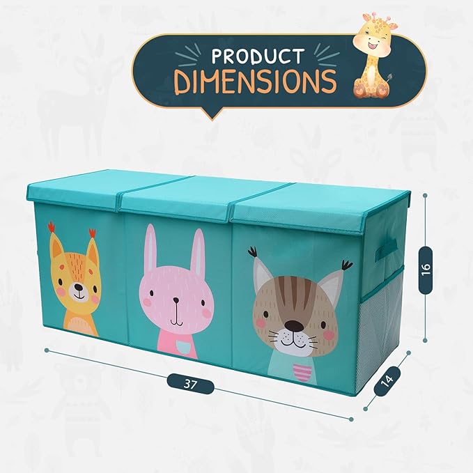 Extra Large Toy Storage Organizer with Lid - Sturdy, Collapsible Toy Chest Storage Box with Cute Design - Toys Bin with Dividers for Kids, Boys, Girls, Nursery, Bedroom, Play room 37"x16"x14"