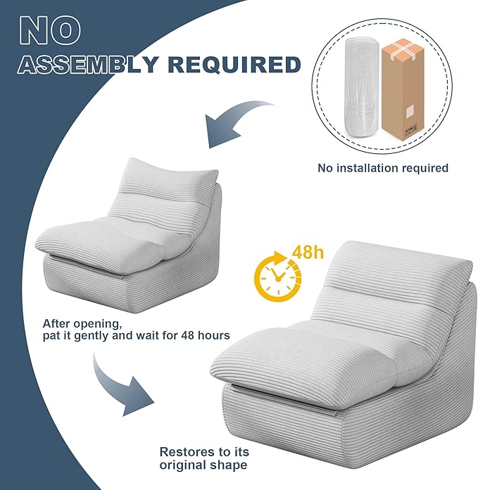 Misolant Bean Bag Chairs，Big Corduroy Fabric Sofa Bean Bag Chair for Adults and Teens with High-Resilience Sponge, Non-Slip Base Floor Lounge Sofa for Home, Living Room, Bedroom, Gaming Light Gray
