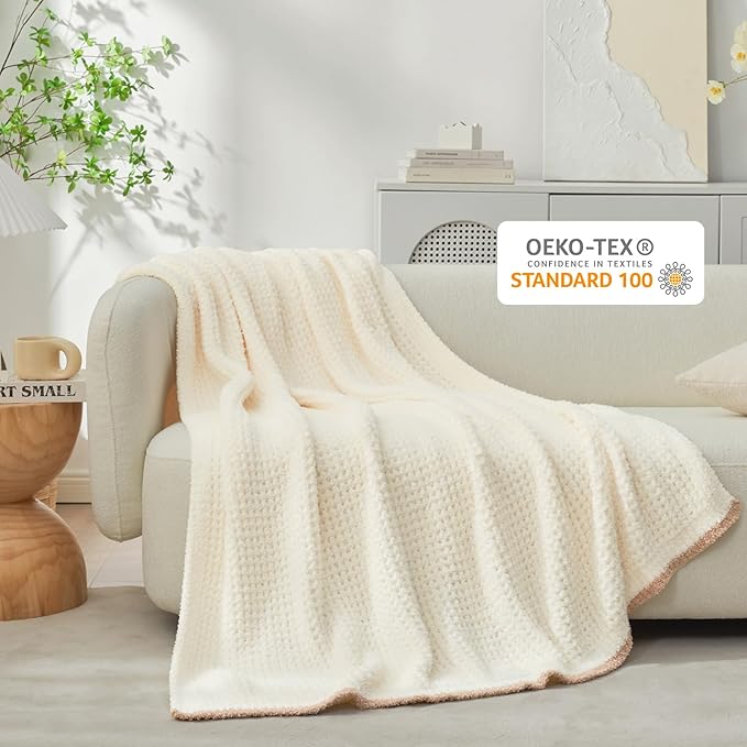 Snuggle Sac Cream Bedding Blankets Queen Size 90x90 inches, Reversible Microfiber Fluffy Fuzzy Soft Throw Cozy Knit Blanket for Women Mothers Birthday Gifts