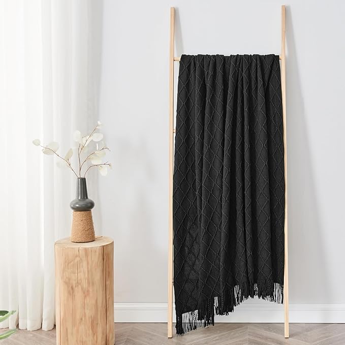 inhand Knitted Throw Blankets for Couch and Bed, Soft Cozy Knit Blanket with Tassel, Black Lightweight Decorative Blankets and Throws, Farmhouse Warm Woven Blanket for Men and Women, 60"x80"