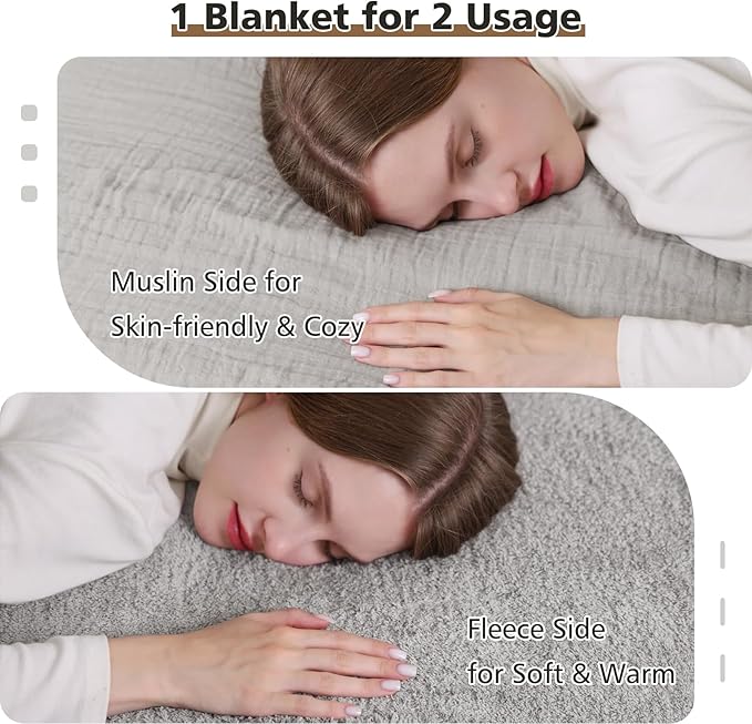 EMME Muslin and Fleece Throw Blanket Reversible - 50"*60" Grey Soft Warm Throw Blankets for Couch Bed Picnic Travel Bed