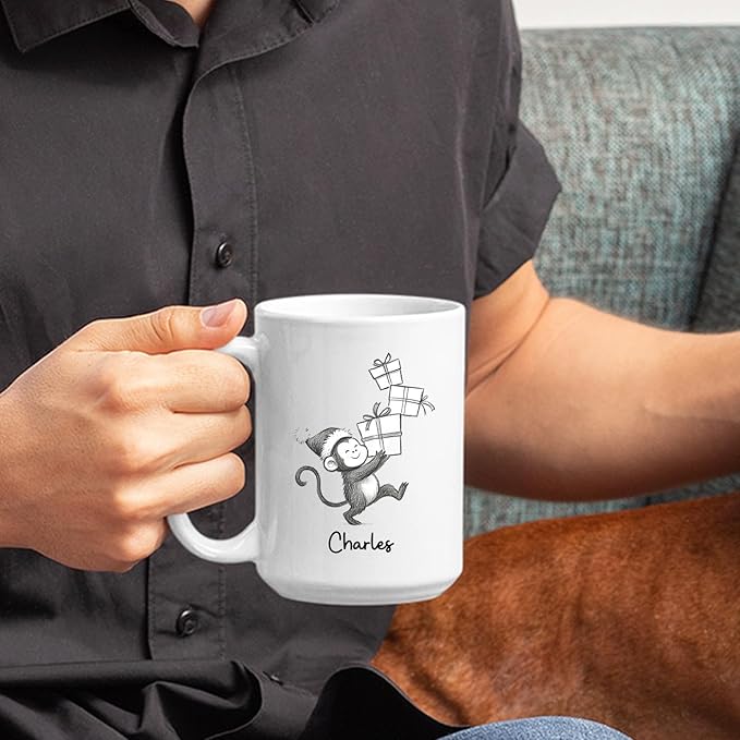 Personalized Monkey Accent Coffee Mug Gift For Dad Mom Daughter Son, Monkey Ceramic Coffee Cup 11Oz 15Oz, Customized Name Monkeys Teacup Gift For Birthday Christmas, Monkeys Lover White Travel Mug