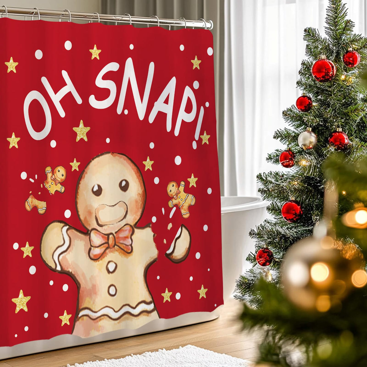 QIONG MENG Gingerbread Christmas Shower Curtain Fabric 71x71 Inch with Hooks