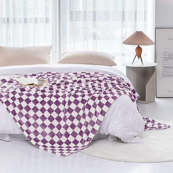 LOMAO Throw Blankets Flannel Blanket with Checkerboard Grid Pattern Soft Throw Blanket for Couch, Bed, Sofa Luxurious Warm and Cozy for All Seasons (Purple, 60"x80")