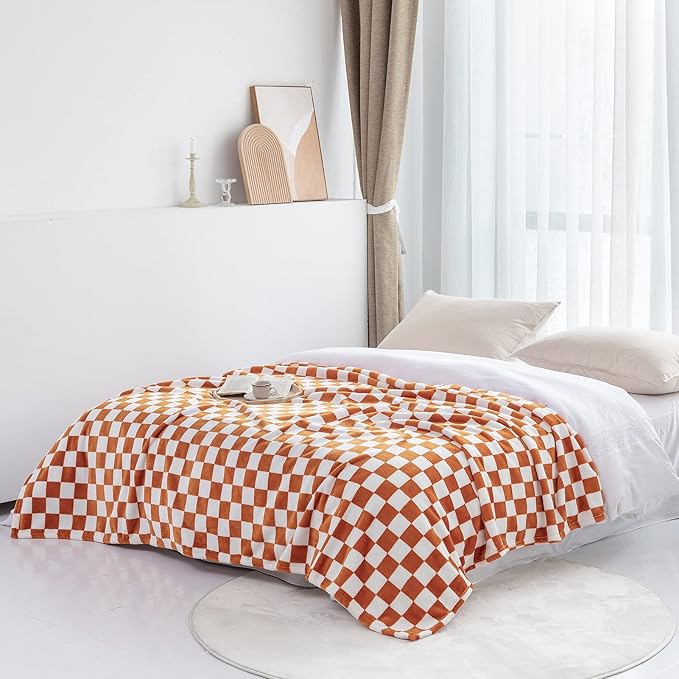 LOMAO Throw Blankets Flannel Blanket with Checkerboard Grid Pattern Soft Throw Blanket for Couch, Bed, Sofa Luxurious Warm and Cozy for All Seasons (Orange, 90"x110")