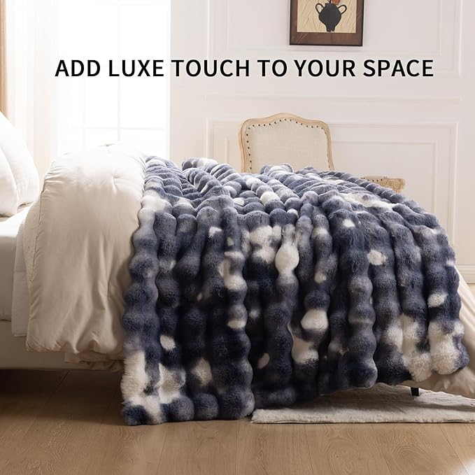 Cozy Faux Fur Throw Blanket for Bed-Warm Fuzzy Throw Blanket, Soft Plush Thick Bubble Blankets for Bedroom and Living Room, Furry Luxury Blanket, 90 x 108,Tie-Dye Blue