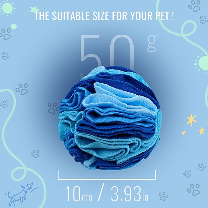 Pet Snuffle Ball, Puzzle Sniffing Interactive Dog Ball for Blind Dogs Training Stress Relief Dog Enrichment Toys Treat Machine Washable (Ocean Blue, 10cm)