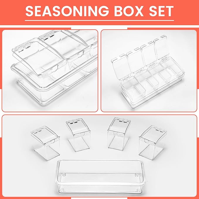 Clear Seasoning Box, 4 Piece Seasoning Rack Spice Pots, Plastic Storage Container Condiment Jars with Lids and Spoon, Storage Container Spice Jar for Salt Sugar Tea Herbal Coffee Beans