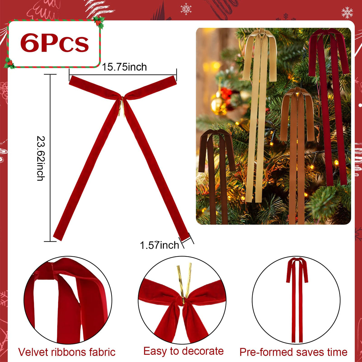 Rokkibom 6 PCS Large Brown Velvet Ribbon Bows 23.5x15.5 Inch Christmas Decor