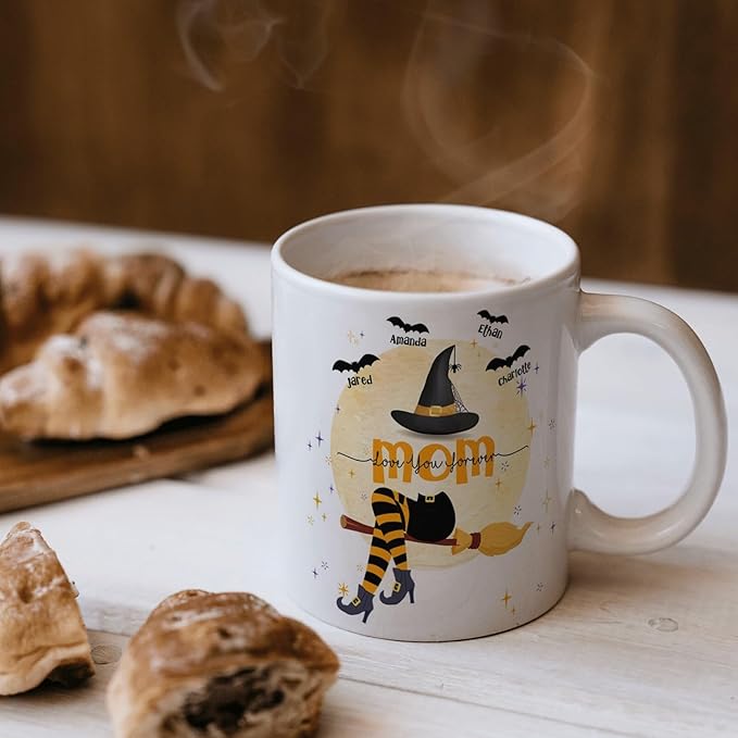 Personalized Halloween Witch Mom Mug With Kids Names - Coffee Cup Gift for Women - 11 or 15 Oz Fall Gift