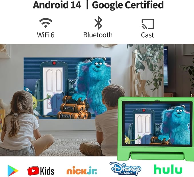 JREN Tablet for Kids｜10 Inch Kids Tablet Android 14｜Octa-core｜64GB｜WiFi ｜Bluetooth｜Parental Control｜Children Content｜Children Toddler Green