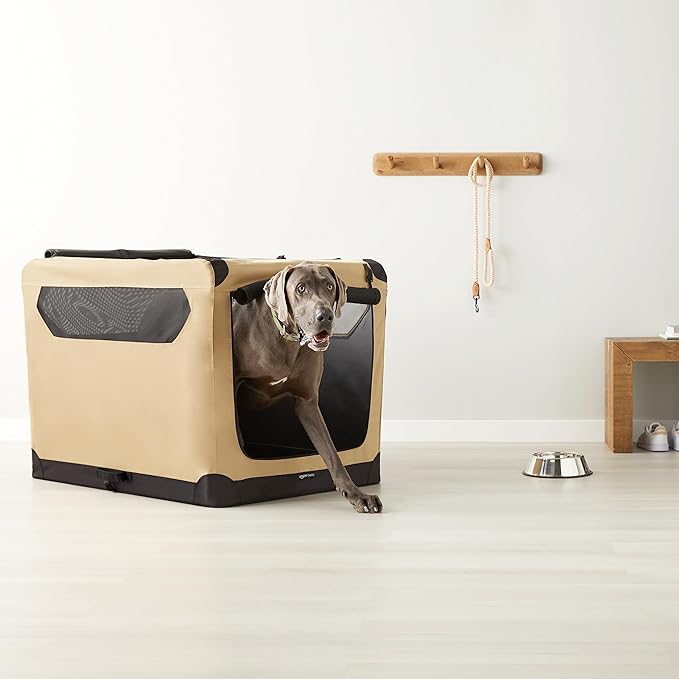 Amazon Basics Dog Crate, Travel Dog Kennel Double Door Collapsible, Lightweight Soft-Sided Folding, Portable Dog Cage, XL 42" x 31" x 31", Tan