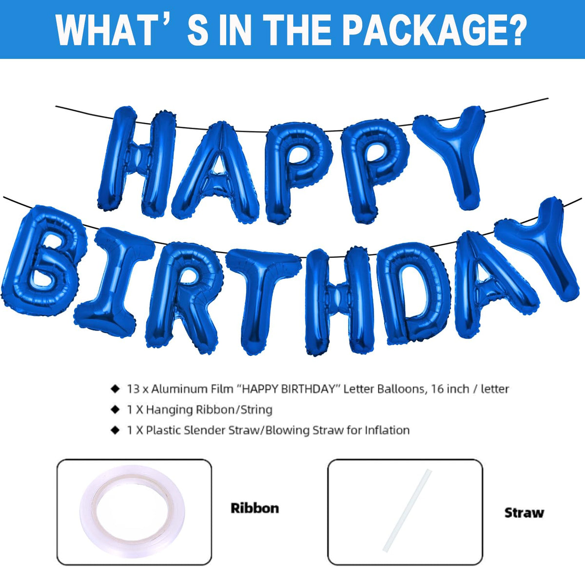 PIGETALE 16in Royal Blue Happy Birthday Balloon Banner 13pcs Aluminum