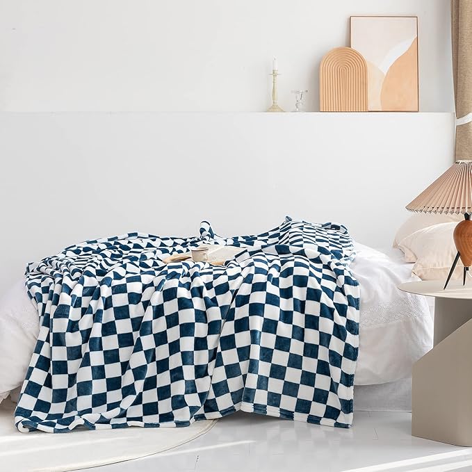 LOMAO Throw Blankets Flannel Blanket with Checkerboard Grid Pattern Soft Throw Blanket for Couch, Bed, Sofa Luxurious Warm and Cozy for All Seasons (Navy, 50"x60")