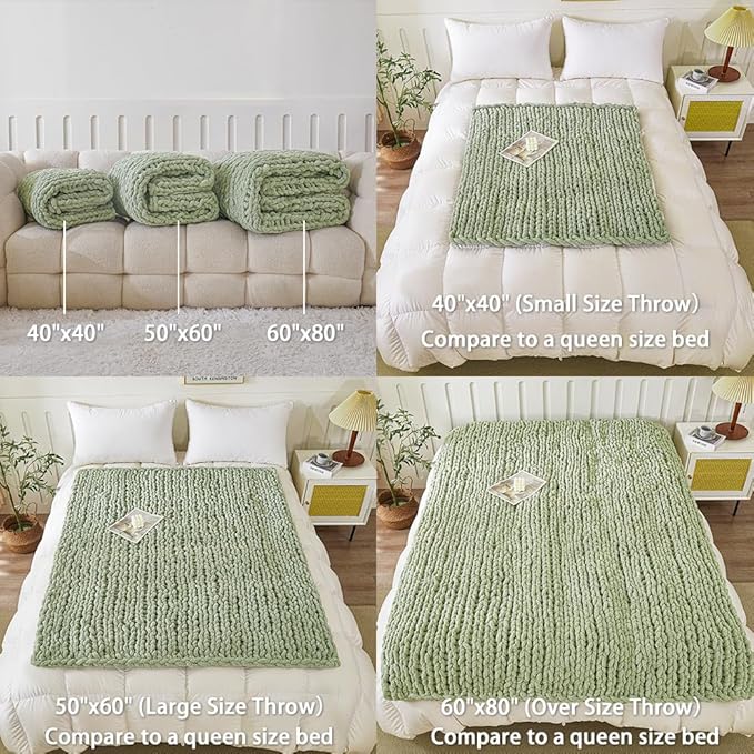 WESHIONGOO Chunky Knit Blanket Throw 50"×60" Knitted Throw Blankets for Couch Bed Fluffy Soft Blanket with Jumbo Chenille Yarn Thick 100% Handmade (Sage Green)
