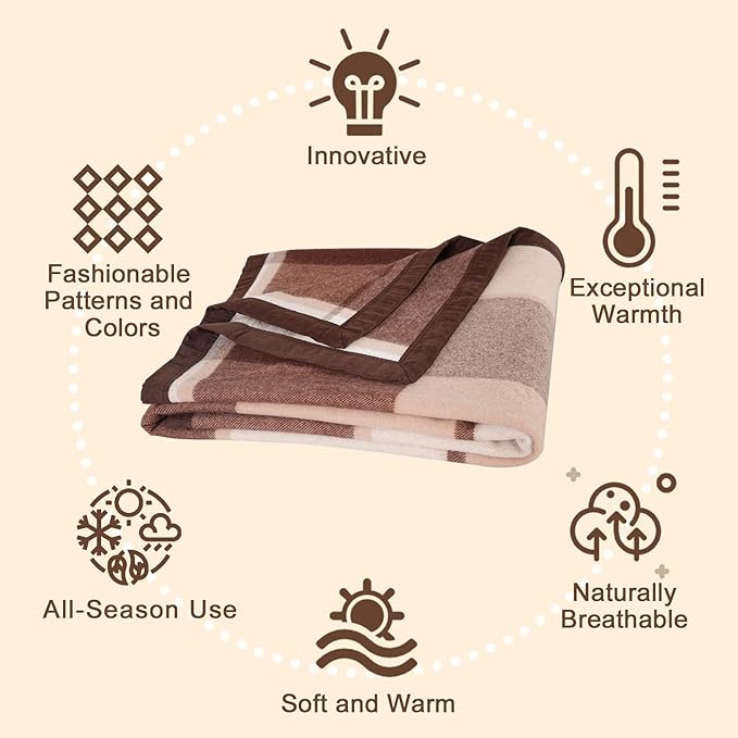 YOUR MOON 100% Pure Wool Queen Size, Australian Organic Natural Wool Blankets, Hypoallergenic Blanket for Bed, Medium Weight(Coffee, 90 * 90)