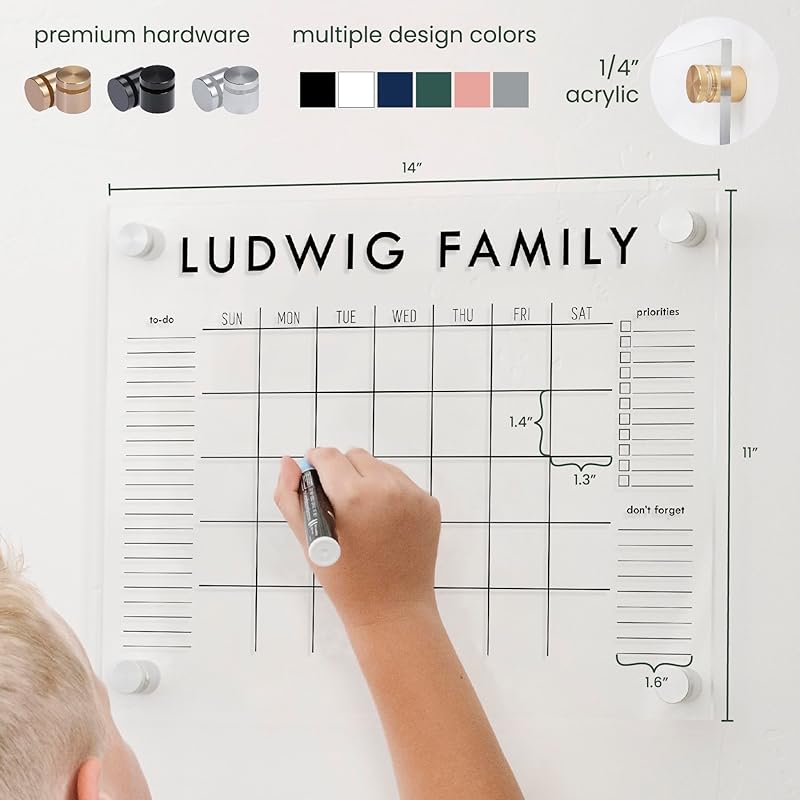 Personalized Clear Acrylic Calendar for Wall, Calendar Whiteboard for Wall, Dry Erase Wall Calendar, Wall Calendar Organizer System for Home (Block, Navy, 14"W x 11"H)