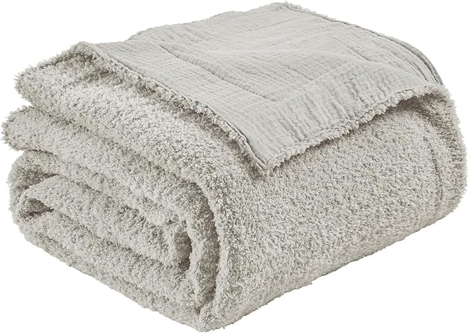 EMME Muslin and Fleece Throw Blanket Reversible - 50"*60" Grey Soft Warm Throw Blankets for Couch Bed Picnic Travel Bed