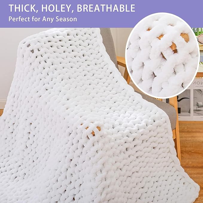 Bigacogo Chunky Knit Throw Blanket for Couch, 60x80 inches, 100% Hand Knitted with Thick Jumbo Chenille Yarn, Cozy Soft Large Rope Knot Cable Crochet Blankets for Sofa Bed Living Room, White